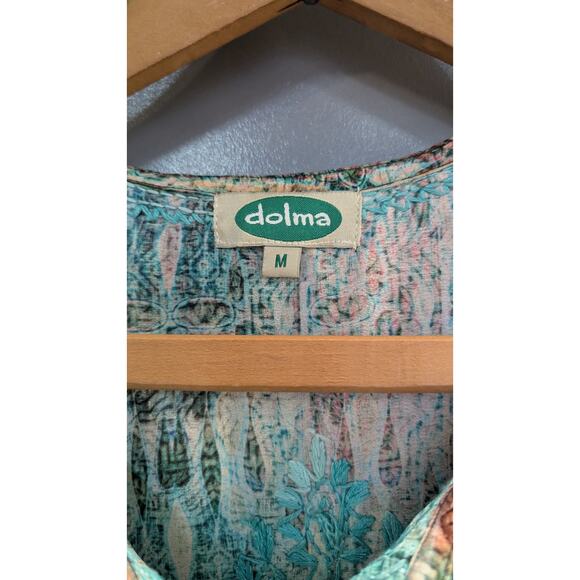 Dolma Silk Hand Embroidered Henley Tunic Teal Turquoise Green Floral Medium O - Picture 10 of 10